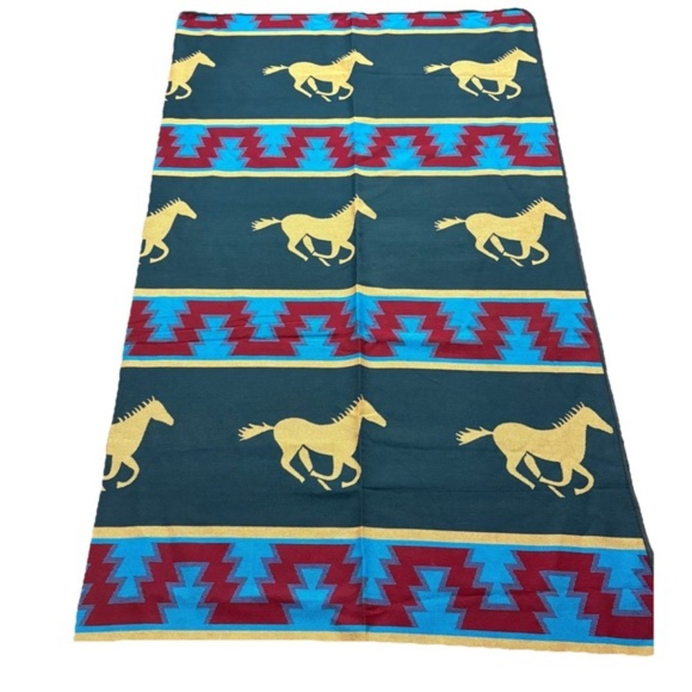 Wool Running Horses Native Style Blanket Teal Gold Reversible Casino Exclu 90x92
